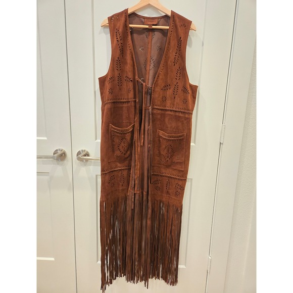 Sundance Jackets & Blazers - Sundance Brown Leather Suede Boho Fringe Duster Vest Laser Cut Floral Large